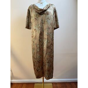 Vintage 90s 100% Silk Dress Brown Turquoise Floral Size 24W